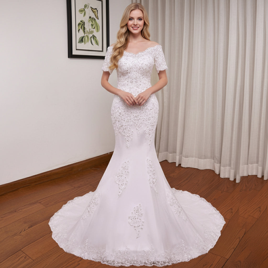 Luxury Off-the-Shoulder Sequin Lace Mermaid Wedding Dress 6 / Ivory Luxury Off-the-Shoulder Sequin Lace Mermaid Wedding Dress 6 / Ivory