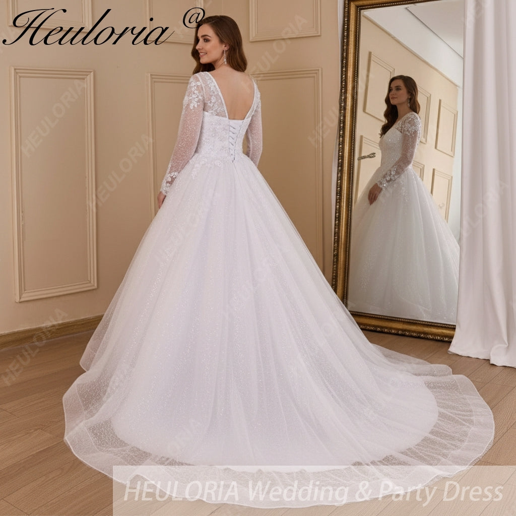 HEULORIA Ball-Gown/Princess long sleeve Chapel Train Lace Tulle Wedding Dress With Sequins Beading BA-654A