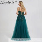HEULORIA Elegant Dark Green Sequin Floral Prom Dress - Spaghetti Straps & Glitter Tulle A-Line Gown ED-339