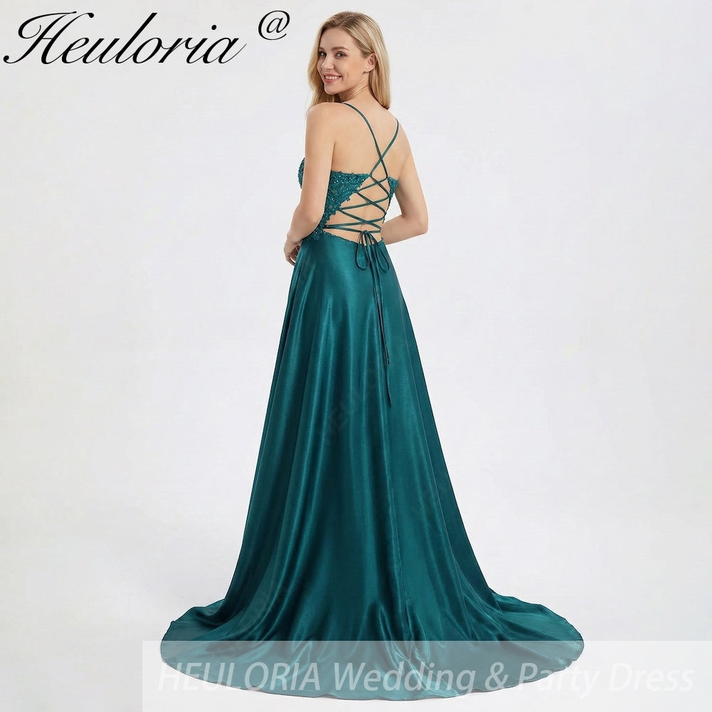 HEULORIA Peacock Green V-Neck Lace Applique Satin Prom Dress - Beaded Spaghetti Strap Lace-Up Evening Gown ED-345 Image secondaire du produit