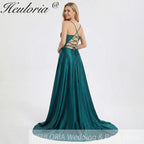 HEULORIA Peacock Green V-Neck Lace Applique Satin Prom Dress - Beaded Spaghetti Strap Lace-Up Evening Gown ED-345