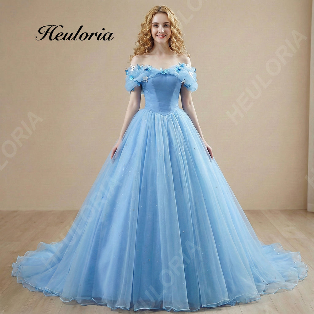 HEULORIA Cinderella Blue Butterfly Ball Gown - Off-the-Shoulder Tulle Quinceañera Prom Dress with Corset Back BA-1310