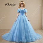 HEULORIA Cinderella Blue Butterfly Ball Gown - Off-the-Shoulder Tulle Quinceañera Prom Dress with Corset Back BA-1310