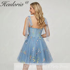 HEULORIA Floral Embroidered Tulle Mini Dress - Sweetheart Corset Bodice with Sheer Tie-Shoulder Straps ED-273