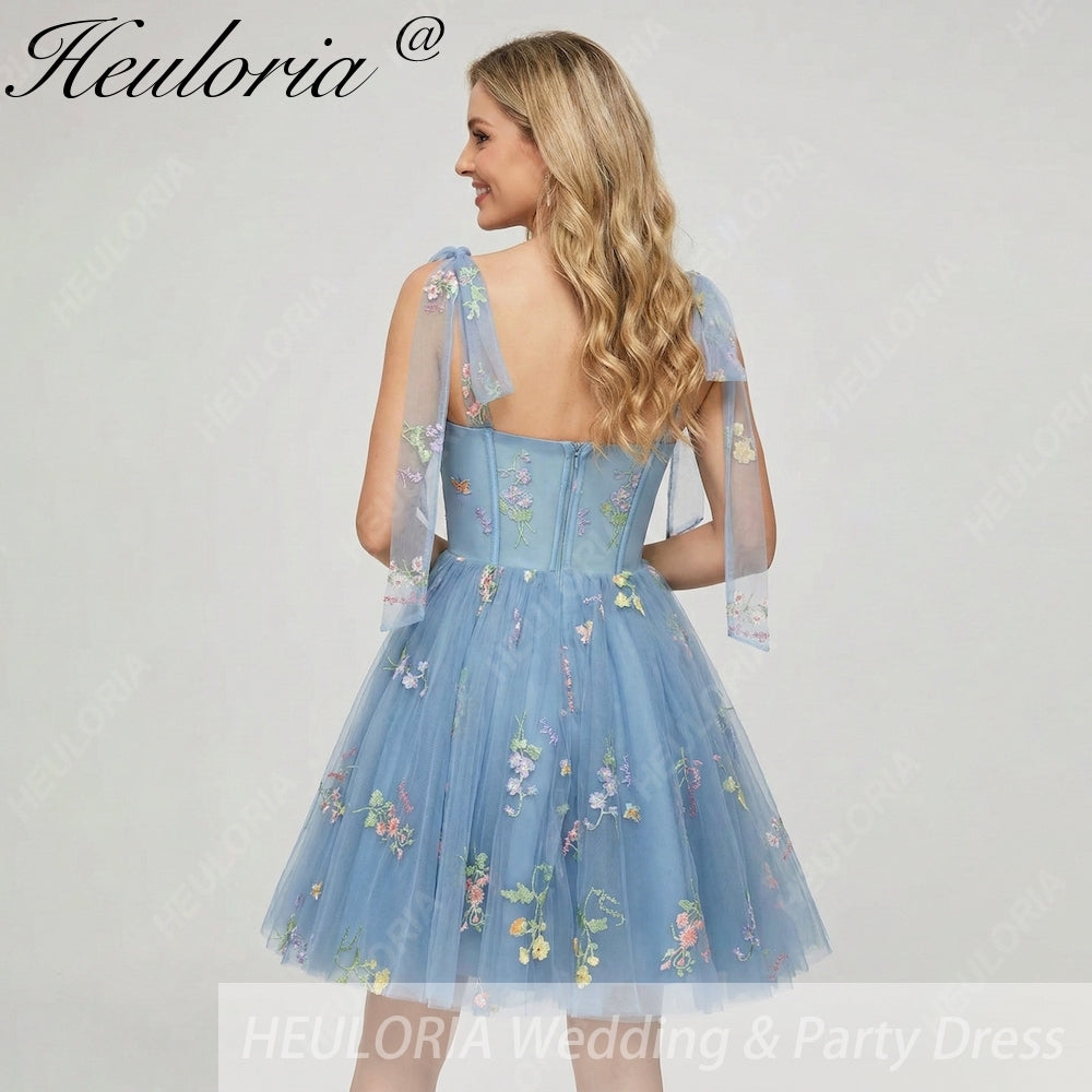 HEULORIA Floral Embroidered Tulle Mini Dress - Sweetheart Corset Bodice with Sheer Tie-Shoulder Straps ED-273