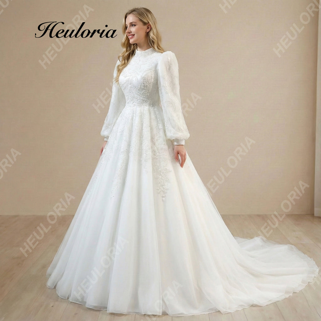 HEULORIA Royal High-Neck Lace Wedding Dress with Romantic Bishop Sleeves and Cathedral Train Muslim wedding dress  BA-1206