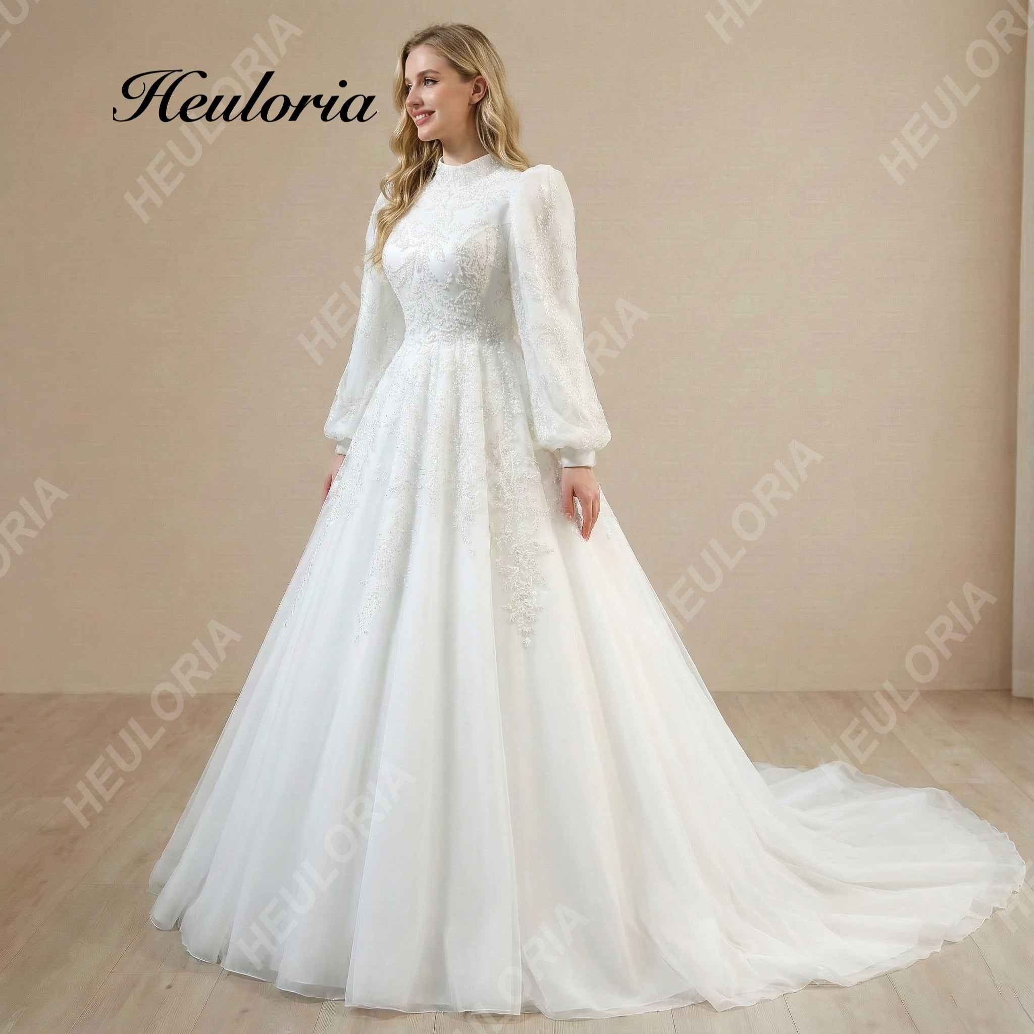 HEULORIA Royal High-Neck Lace Wedding Dress with Romantic Bishop Sleeves and Cathedral Train Muslim wedding dress  BA-1206