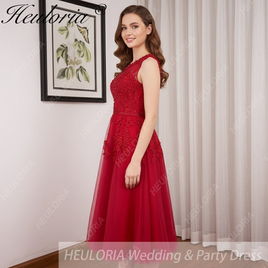 HEULORIA short Bridemaid dress round neck lace beads tulle party dress formal dress ED-75 Red / 2 HEULORIA short Bridemaid dress round neck lace beads tulle party dress formal dress ED-75 Red / 2