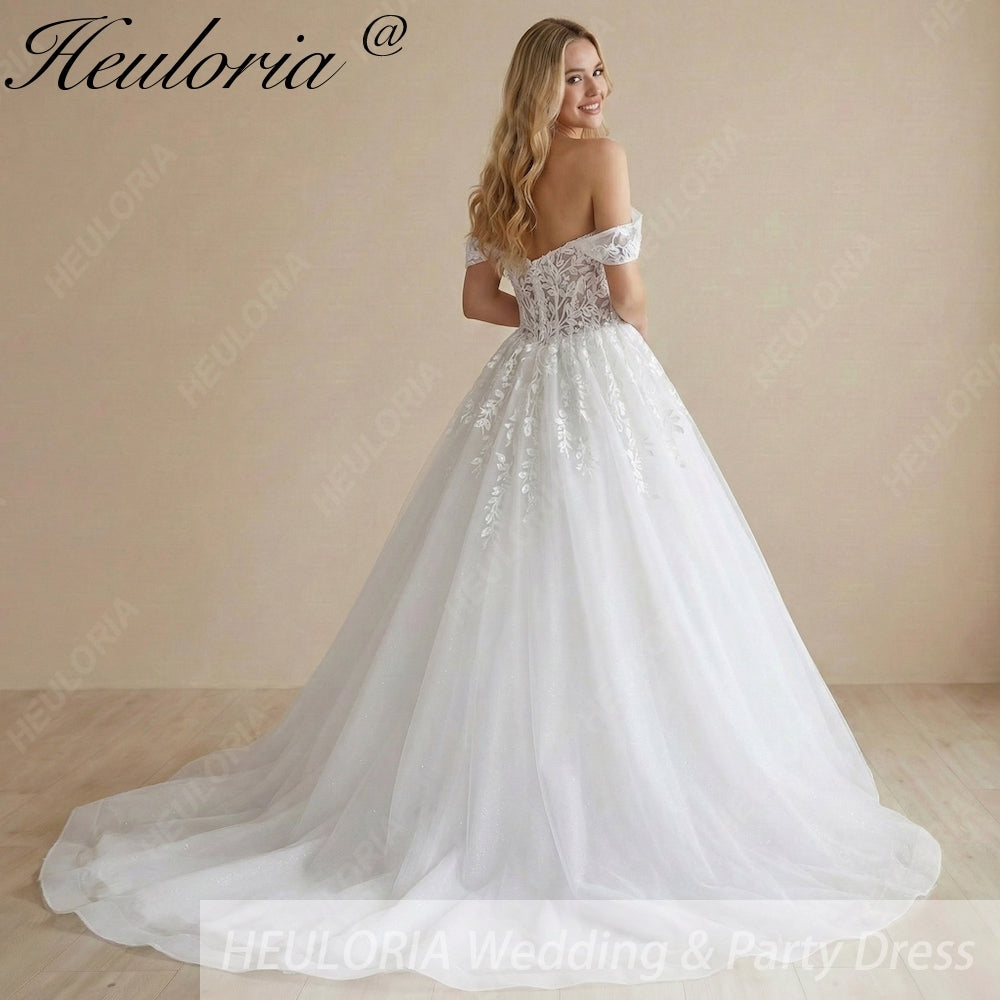 HEULORIA Romantic Off-The-Shoulder Lace Ballgown Wedding Dress with Plunging Sweetheart Neckline BA-1028