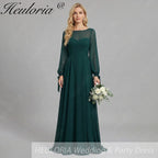 HEULORIA Dark Green Illusion Bateau Neck Evening Dress with Sheer Tie-Cuff Bishop Sleeves ED-255