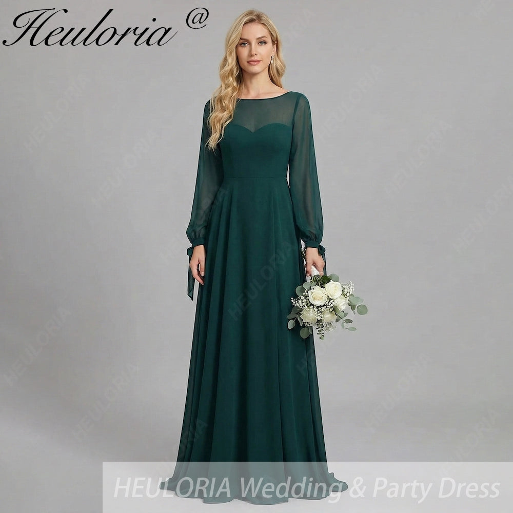 HEULORIA Dark Green Illusion Bateau Neck Evening Dress with Sheer Tie-Cuff Bishop Sleeves ED-255
