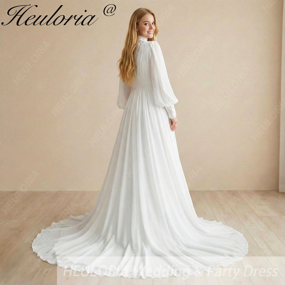HEULORIA Vintage High Neck Lace Wedding Dress with Romantic Bishop Sleeves and Chiffon Train AL-354 Image secondaire du produit