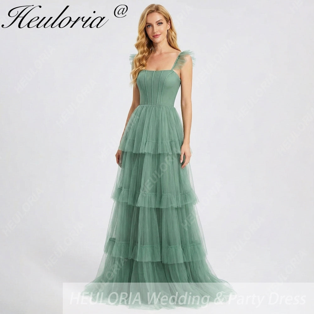 HEULORIA Romantic Tiered Tulle Corset Gown with Ruffled Straps and Lace-Up Back Formal Dress ED-226