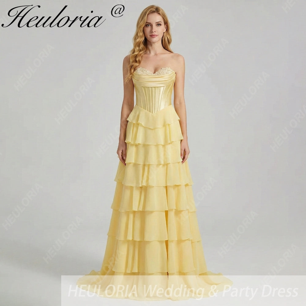 HEULORIA Strapless Corset Bodice Tiered Ruffle Evening Gown - Multi-Color prom dress ED-236