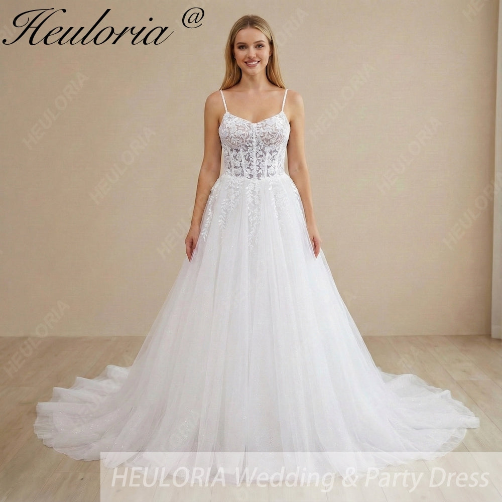 HEULORIA Sparkling Floral Lace Ball Gown Wedding Dress with Dainty Spaghetti Straps and Corset Bodice AL-1012