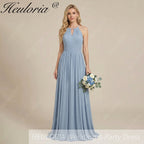 HEULORIA Dusty Blue Halter Keyhole Pleated Chiffon Bridesmaid Dress - Floor Length ED-246