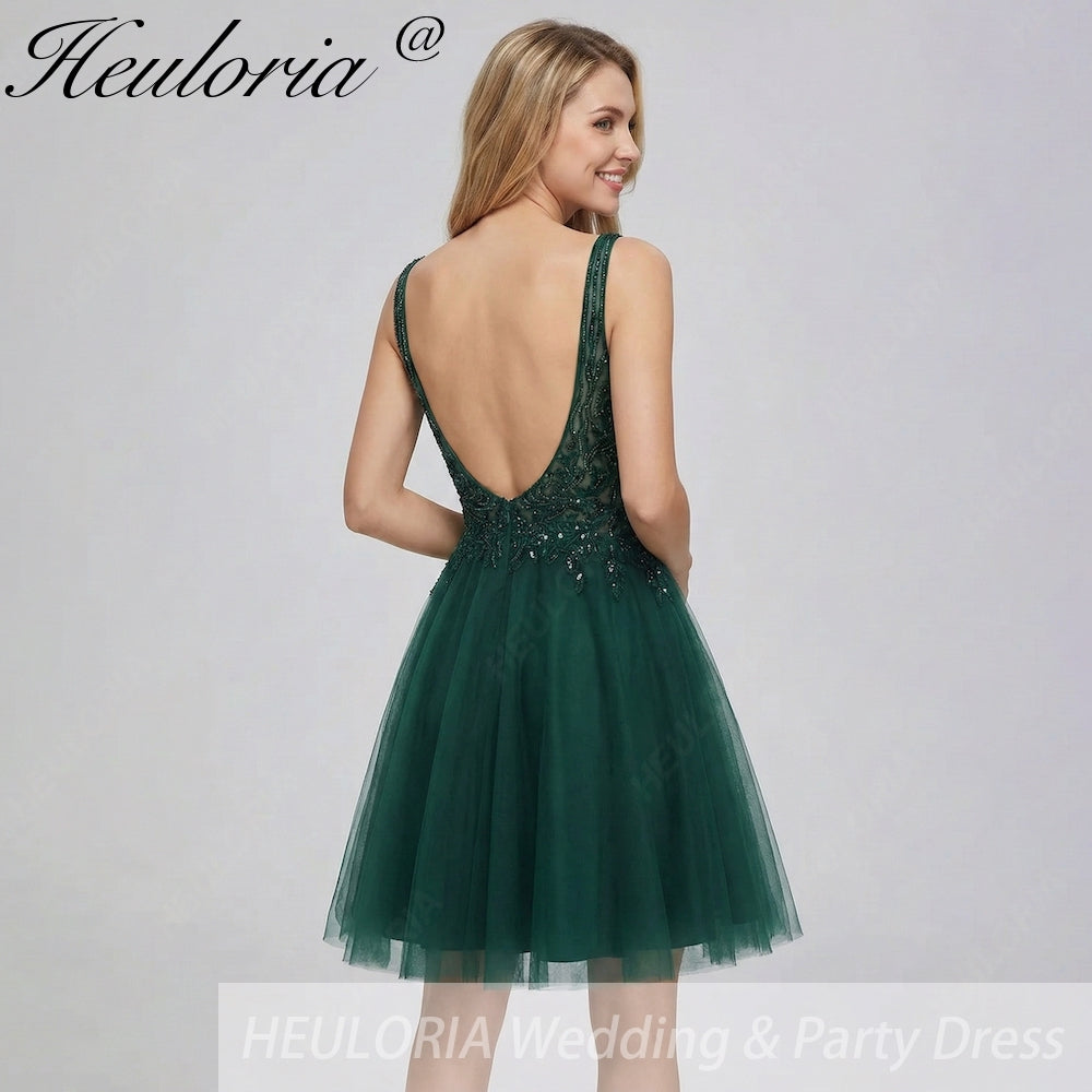 Short Dark Green Sequin Homecoming Dress | V-Neck Tulle Cocktail Gown Dark Green / 18W Short Dark Green Sequin Homecoming Dress | V-Neck Tulle Cocktail Gown Dark Green / 18W