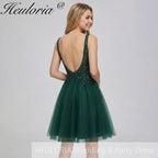 Heuloria Dark Green V-Neck Sequin Homecoming Dress - Short Tulle A-Line Cocktail Gown with Illusion Neckline ED-301