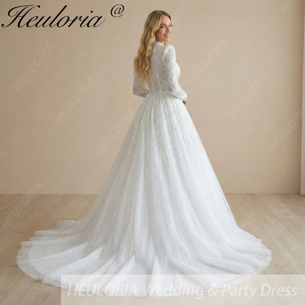 HEULORIA Celestial Radiance: High-Neck Long Sleeve Sequined princess Wedding Dress with Cathedral Train BA-1212 Image secondaire du produit