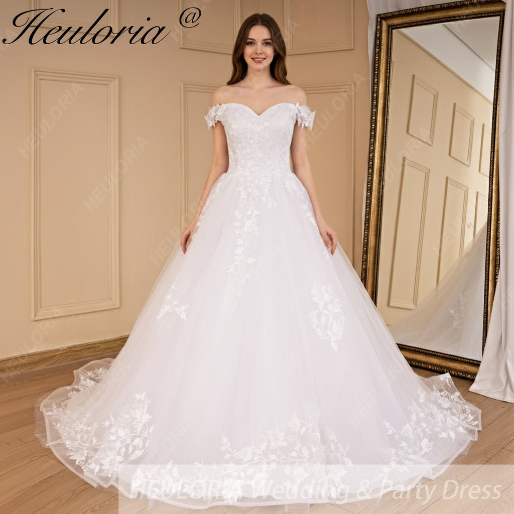 Vintage Off-Shoulder Lace Appliqué A-Line Wedding Dress with Lace-Up Back A-696