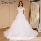 Vintage Off-Shoulder Lace Appliqué A-Line Wedding Dress with Lace-Up Back A-696