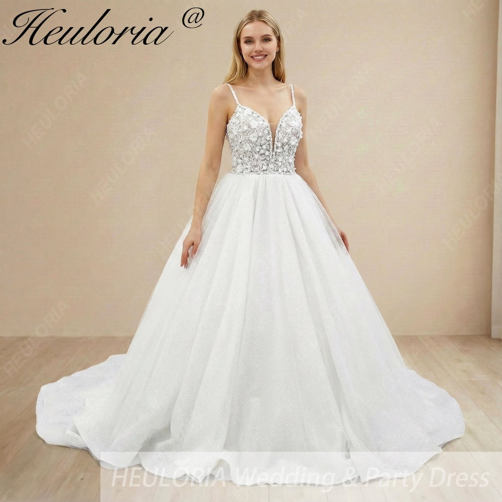 HEULORIA 3D Floral Appliqué Sparkly Ballgown Wedding Dress: Deep V-Neck & Shimmering Glitter Tulle BA-1244