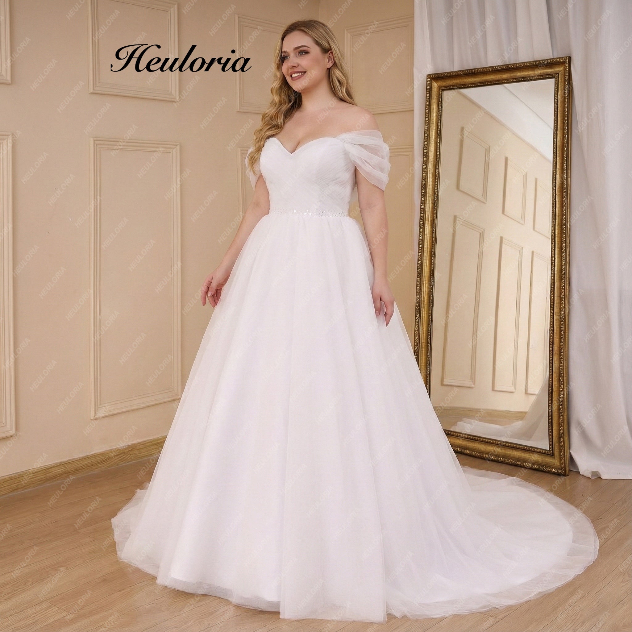 HEULORIA Boho A line Wedding Dress off shoulde beading belt bride Dress tulle lace up back plus size AL-818 - 26W / Ivory HEULORIA Boho A line Wedding Dress off shoulde beading belt bride Dress tulle lace up back plus size AL-818 - 26W / Ivory