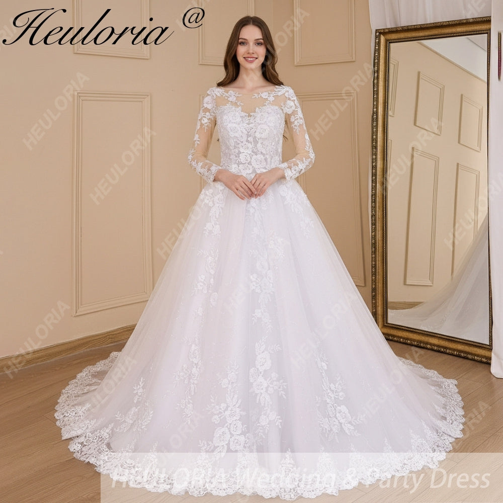 HEULORIA Princess Ball Gown Wedding Dress long sleeve bride dress o neck plus size robe de mariee Lace beading Wedding Bridal Gown BA-638