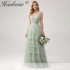 HEULORIA Sage Green Tiered Tulle V-Neck Evening Gown - Deep V-Back Formal Dress ED-267