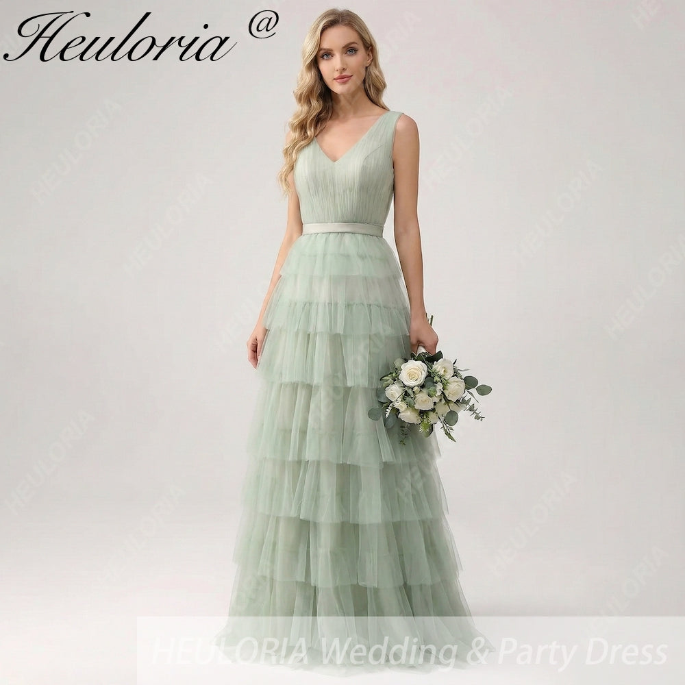HEULORIA Sage Green Tiered Tulle V-Neck Evening Gown - Deep V-Back Formal Dress ED-267