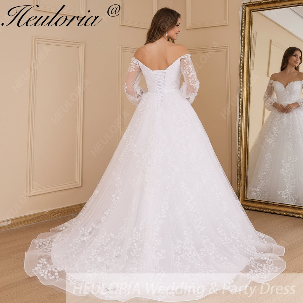 HEULORIA elegant Wedding Dress off shoulder puff sleeve A Line bride dress robe de mariee 3D floral  Bridal Gown BA-637