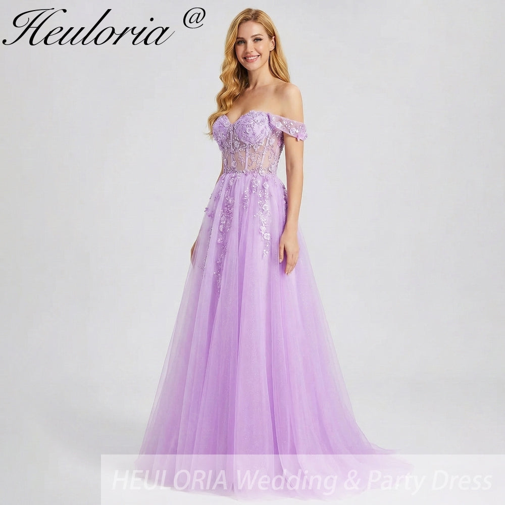 HEULORIA Lilac Off-The-Shoulder Sweetheart Prom Dress with 3D Floral Appliques & Corset Bodice ED-338