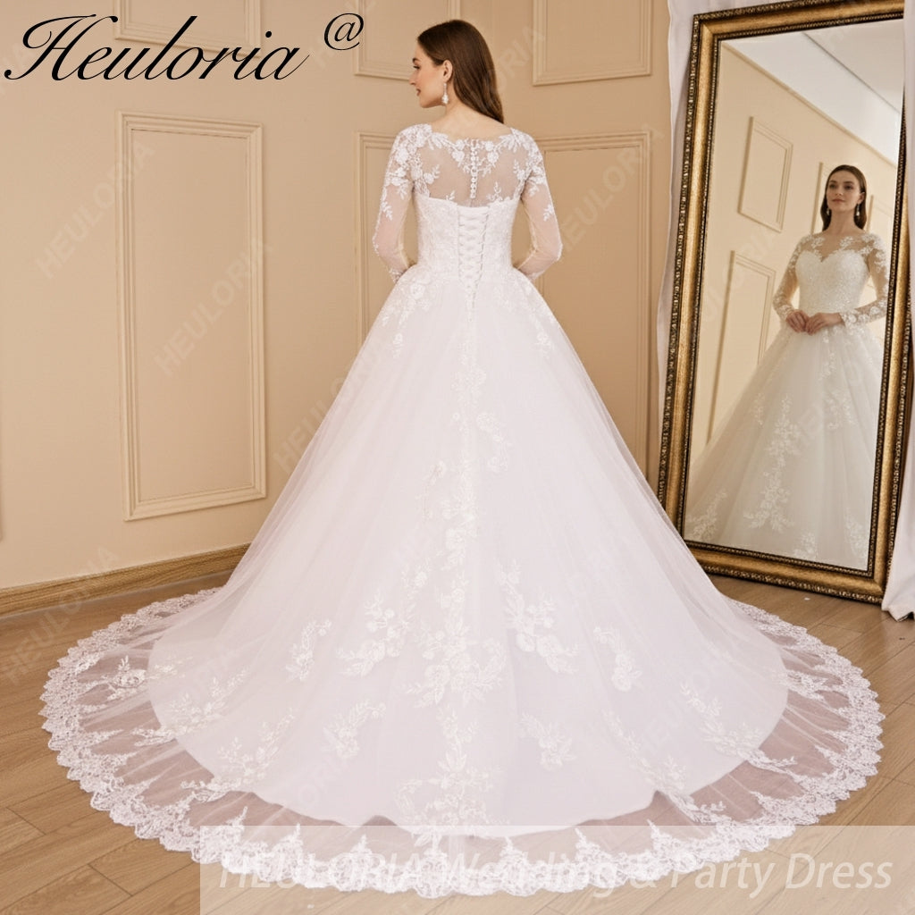 HEULORIA Princess Wedding Dress long sleeve bride dress o neck plus size robe de mariee Lace beading Wedding Bridal Gown BA-700