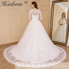 HEULORIA Princess Wedding Dress long sleeve bride dress o neck plus size robe de mariee Lace beading Wedding Bridal Gown BA-700