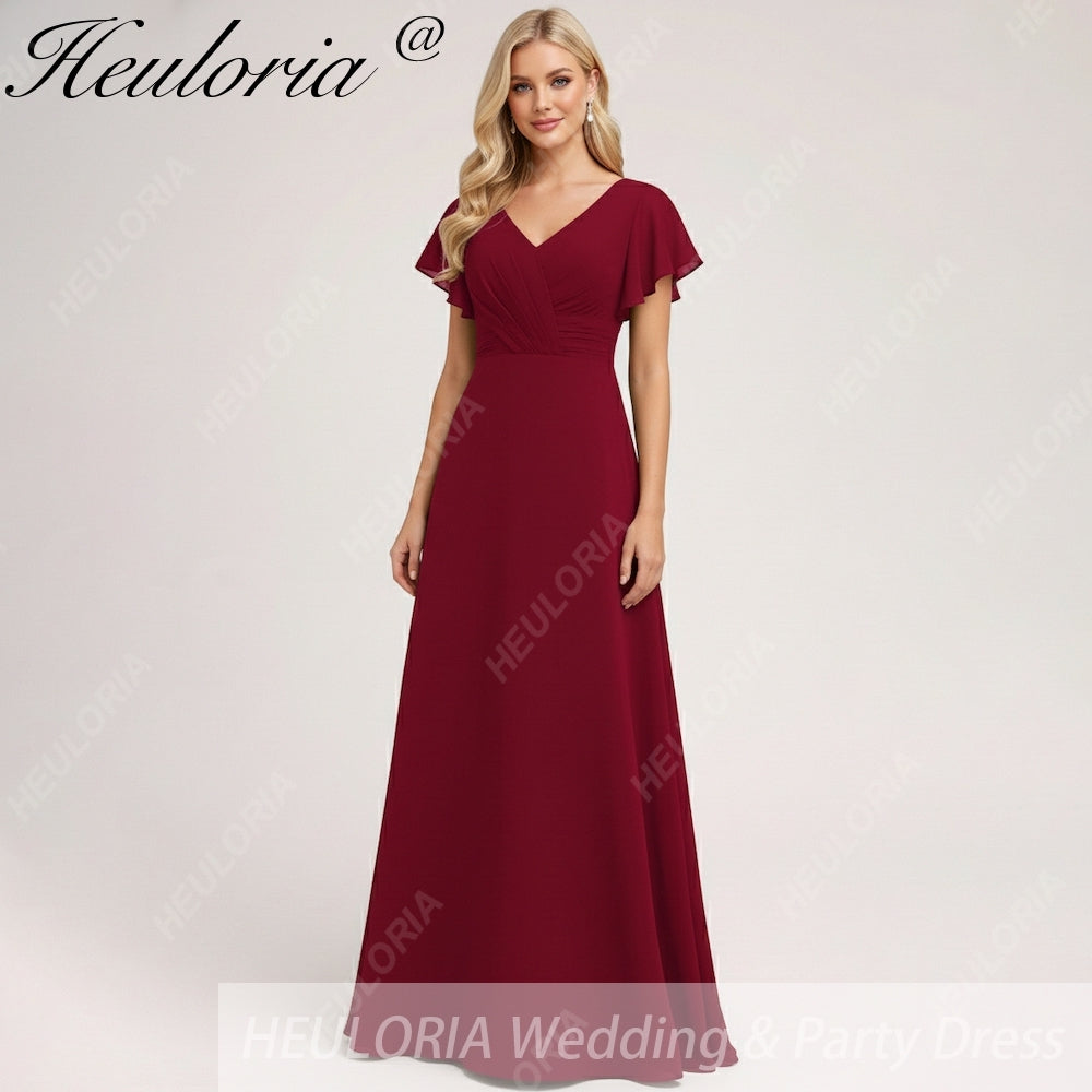 HEULORIA Long Bridemaid dress short sleeve V neck chiffon party dress formal dress ED-133