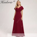 HEULORIA Long Bridemaid dress short sleeve V neck chiffon party dress formal dress ED-133