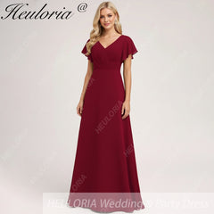 HEULORIA Long Bridemaid dress short sleeve V neck chiffon party dress formal dress ED-133