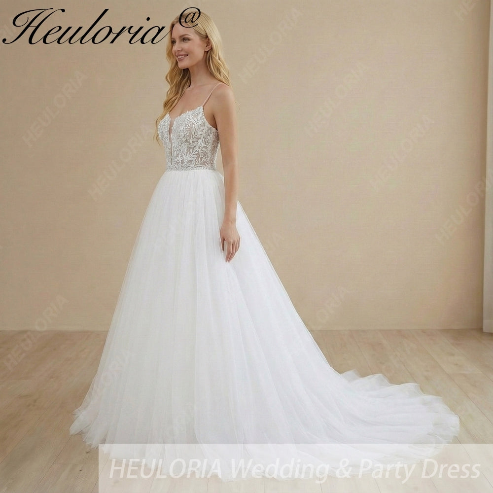 HEULORIA Ethereal Illusion Deep V-Neck Lace & Tulle Ballgown Wedding Dress with Shimmering Sequins AL-1044