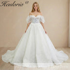 HEULORIA Sparkly Off-the-Shoulder Puff Sleeve Wedding Dress – Shimmering Lace Sweetheart Ball Gown BA-1076