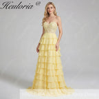 HEULORIA Strapless Sweetheart Lace Bodice Tiered Ruffle Chiffon Prom Gown - Available in Multiple Colors evening dresses ED-235