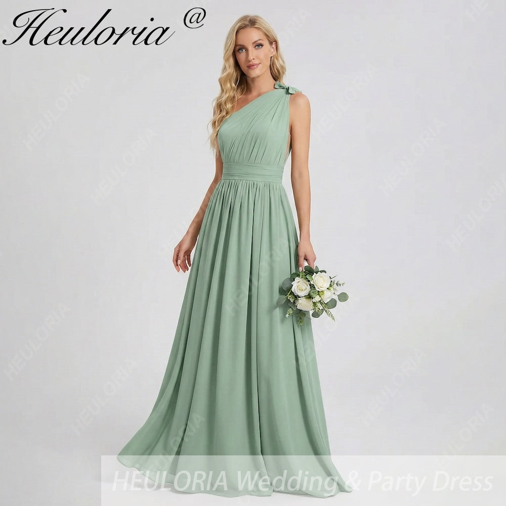 HEULORIA Sage Green One-Shoulder Pleated Chiffon Floor-Length Bridesmaid & Evening Dress ED-243