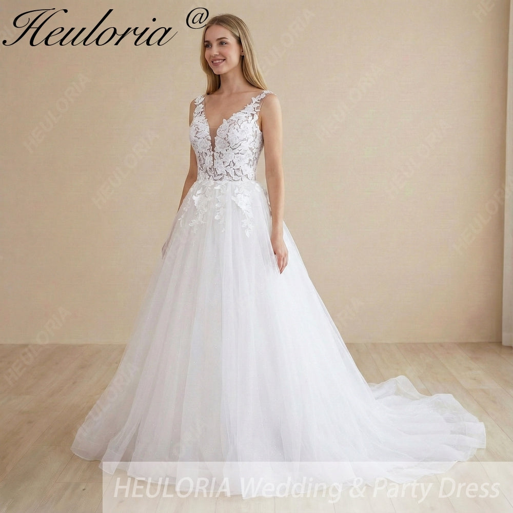 HEULORIA Romantic Illusion V-Neck Floral Lace A-Line Wedding Dress: Exquisite Appliques & Shimmering Tulle AL-1038