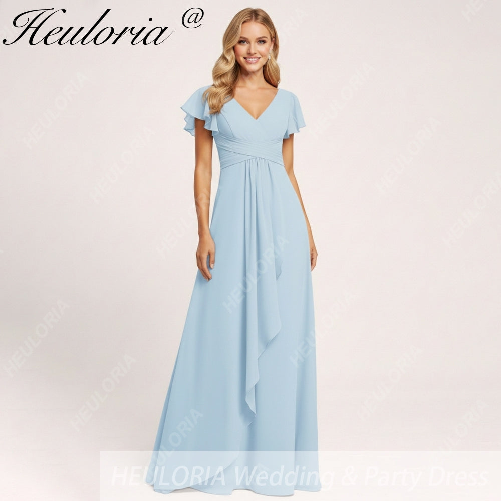 HEULORIA Long Bridemaid dress short sleeve V neck chiffon party dress formal dress ED-135