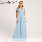 HEULORIA Long Bridemaid dress short sleeve V neck chiffon party dress formal dress ED-135
