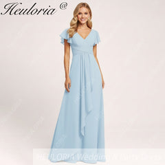 HEULORIA Long Bridemaid dress short sleeve V neck chiffon party dress formal dress ED-135