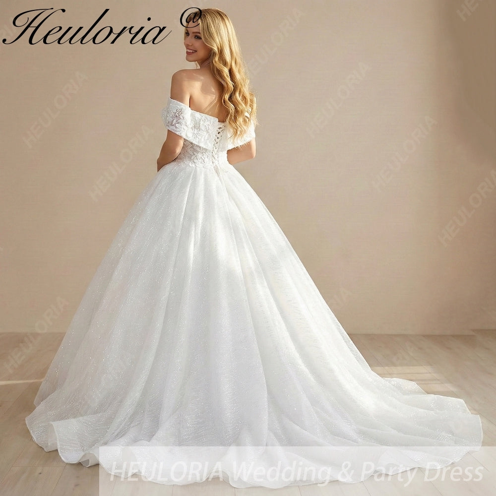 HEULORIA Shimmering Floral Lace Off-the-Shoulder Ball Gown Wedding Dress with Plunging Illusion V-Neck BA-1108