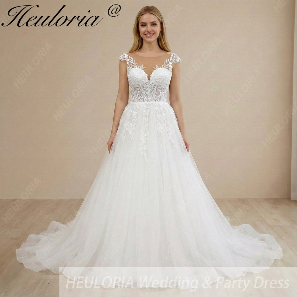 HEULORIA Ethereal Leaf Lace A-Line Wedding Dress with Illusion Neckline and Delicate Cap Sleeves AL-1029 Main image
