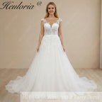 HEULORIA Ethereal Leaf Lace A-Line Wedding Dress with Illusion Neckline and Delicate Cap Sleeves AL-1029