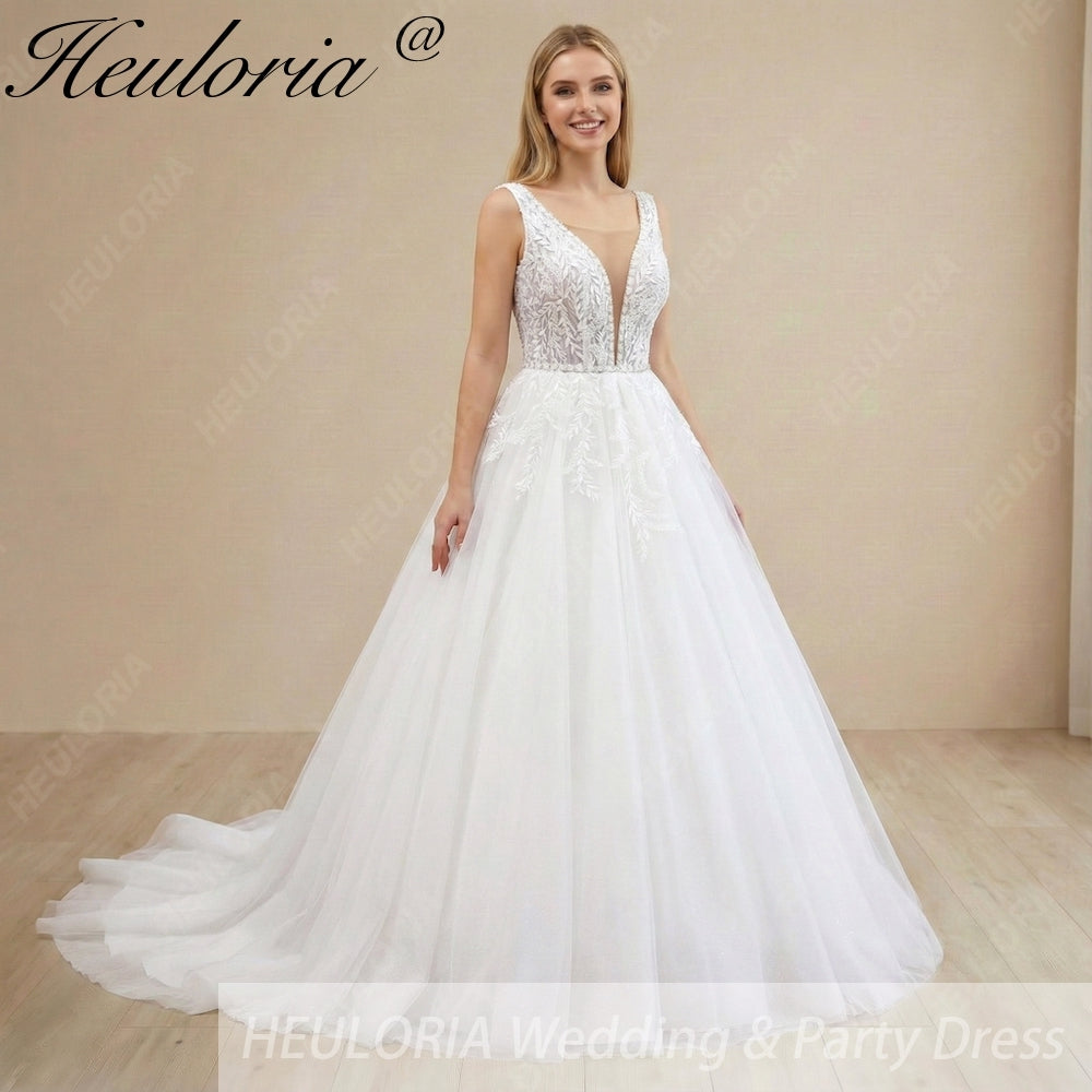 HEULORIA V Neck Sleeveless A line Wedding Dress Boho Lace Appliques Tulle Long Bridal Gowns Backless Vestidos de Novia Customized AL-1107