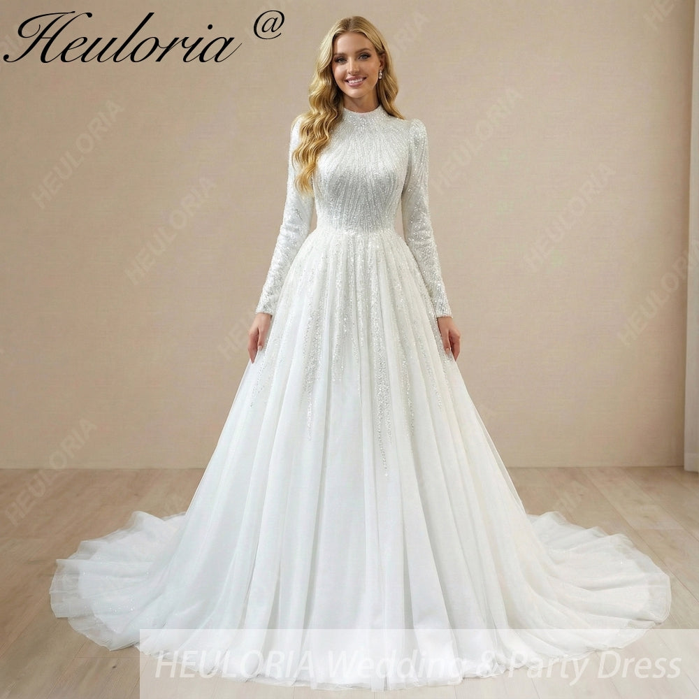 HEULORIA Celestial Radiance: High-Neck Long Sleeve Sequined princess Wedding Dress with Cathedral Train BA-1212